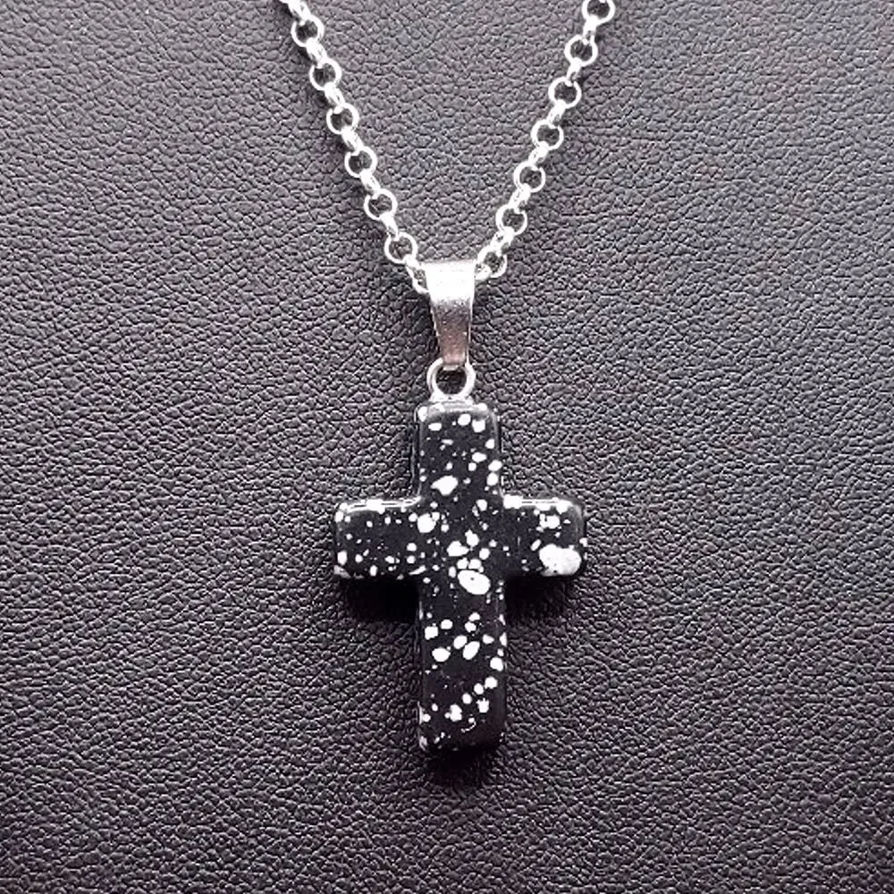 925 Silver Necklace With Black Granite Cross Valentine Anniversary Birthday Gift